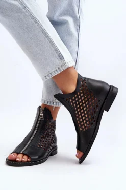 977/L Skórzane Ażurowe Sandały Na Zamek Czarne Damskie Sandały Ażurowe|Sandały Płaskie