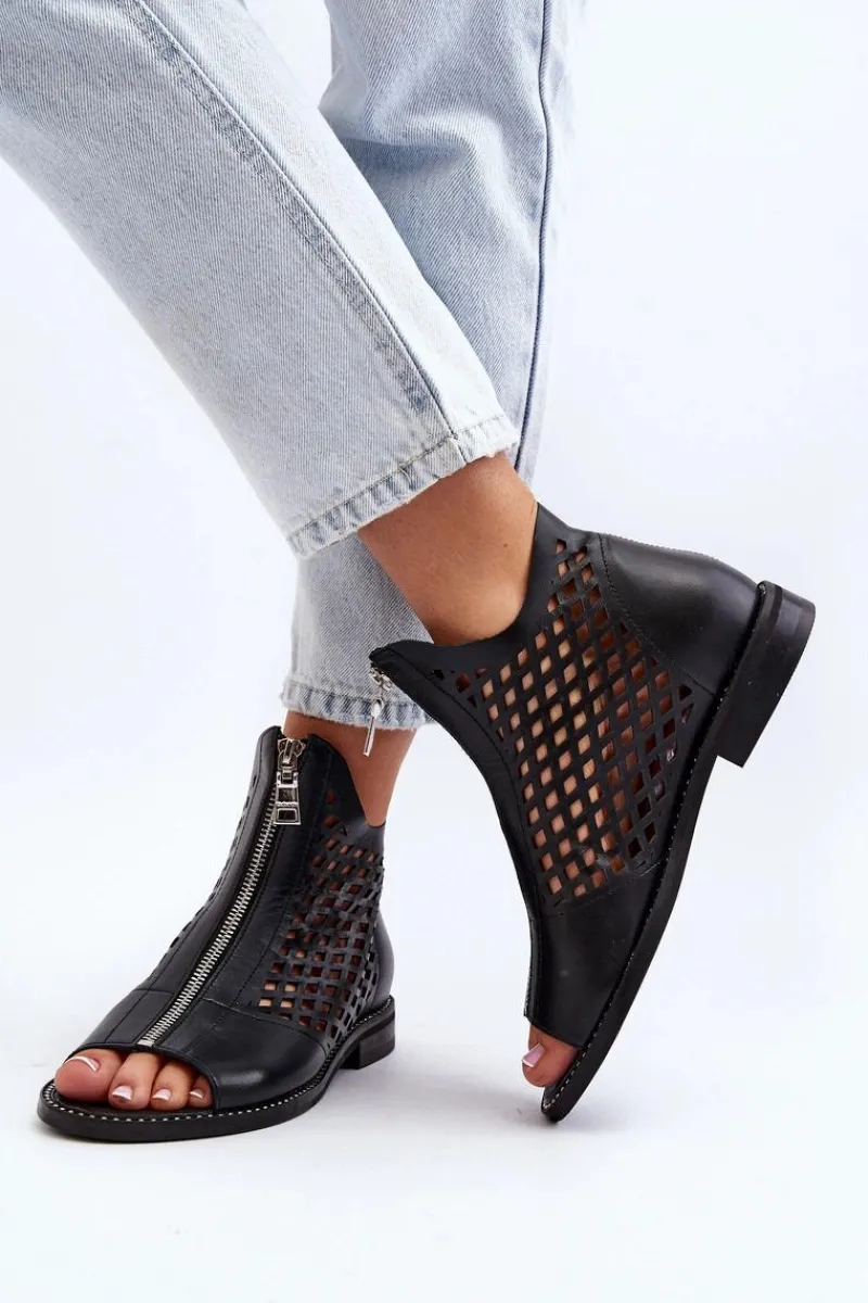 977/L Skórzane Ażurowe Sandały Na Zamek Czarne Damskie Sandały Ażurowe|Sandały Płaskie