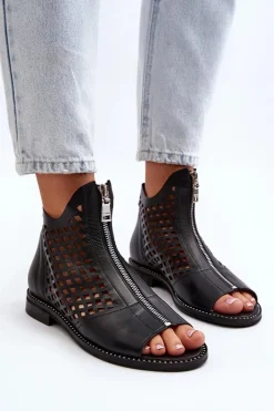 977/L Skórzane Ażurowe Sandały Na Zamek Czarne Damskie Sandały Ażurowe|Sandały Płaskie