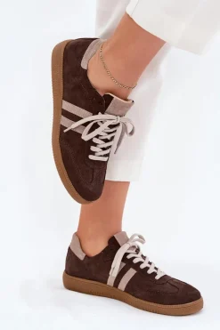 Sneakersy Damskie>Zazoo N1068 Zamszowe Niskie Sneakersy Damskie Czekoladowe Brązowy