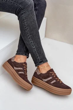 Outlet Zazoo N1176 Zamszowe Sneakersy Na Platformie Panterka Czekoladowe Brązowy