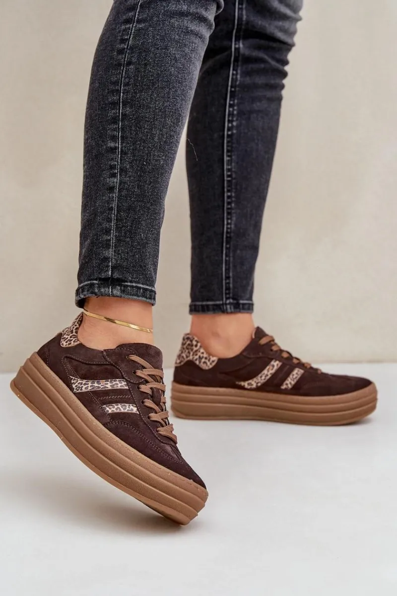 Outlet Zazoo N1176 Zamszowe Sneakersy Na Platformie Panterka Czekoladowe Brązowy