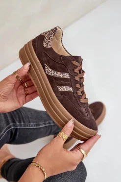 Outlet Zazoo N1176 Zamszowe Sneakersy Na Platformie Panterka Czekoladowe Brązowy