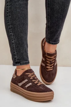 Outlet Zazoo N1176 Zamszowe Sneakersy Na Platformie Panterka Czekoladowe Brązowy