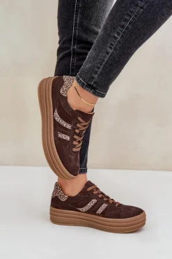 Outlet Zazoo N1176 Zamszowe Sneakersy Na Platformie Panterka Czekoladowe Brązowy