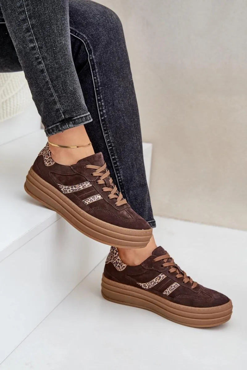 Outlet Zazoo N1176 Zamszowe Sneakersy Na Platformie Panterka Czekoladowe Brązowy