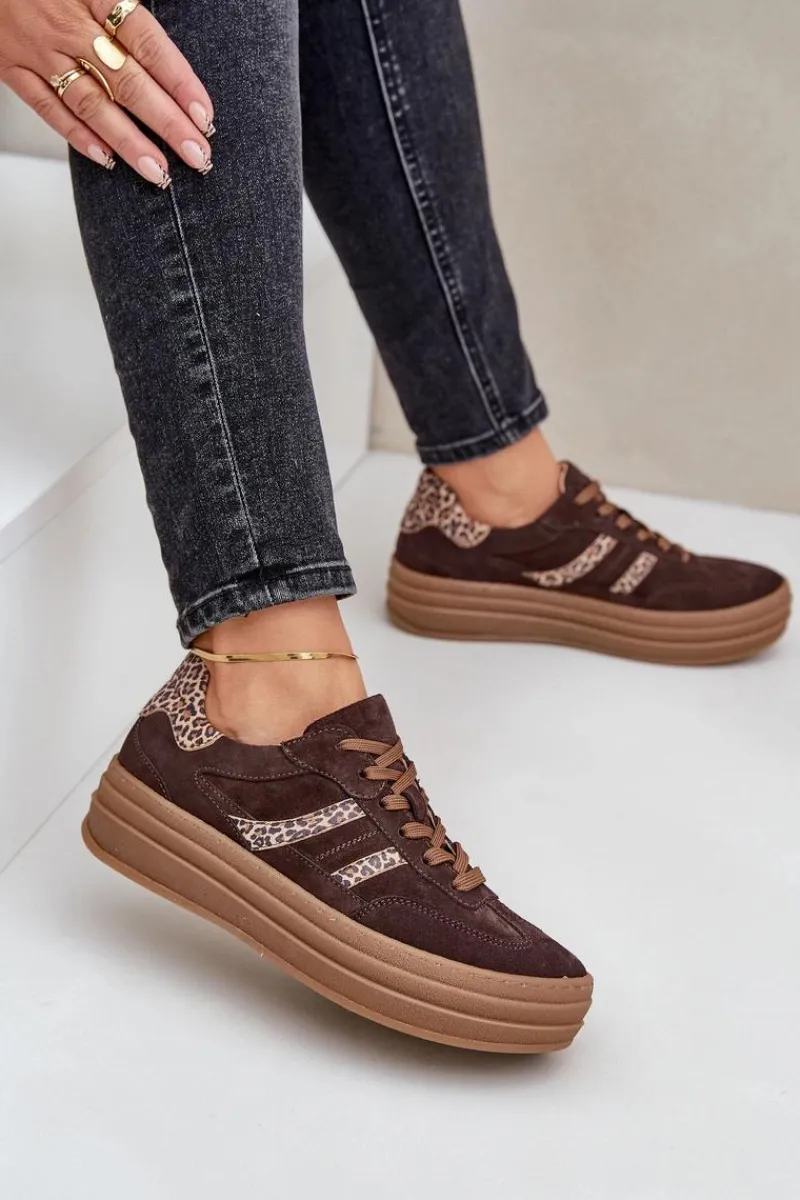 Outlet Zazoo N1176 Zamszowe Sneakersy Na Platformie Panterka Czekoladowe Brązowy