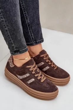 Outlet Zazoo N1176 Zamszowe Sneakersy Na Platformie Panterka Czekoladowe Brązowy