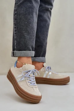 Clearance N1068S4 Damskie Zamszowe Sneakersy Na Platformie Beżowe Damskie Buty Sportowe Na Platformie