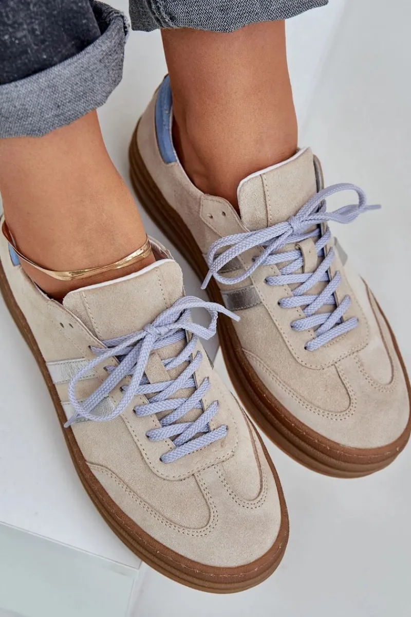 Clearance N1068S4 Damskie Zamszowe Sneakersy Na Platformie Beżowe Damskie Buty Sportowe Na Platformie