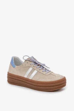 Clearance N1068S4 Damskie Zamszowe Sneakersy Na Platformie Beżowe Damskie Buty Sportowe Na Platformie