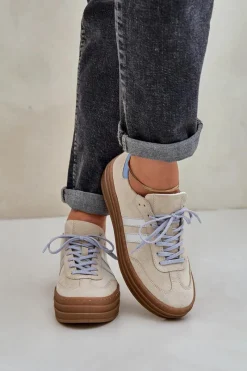 Clearance N1068S4 Damskie Zamszowe Sneakersy Na Platformie Beżowe Damskie Buty Sportowe Na Platformie