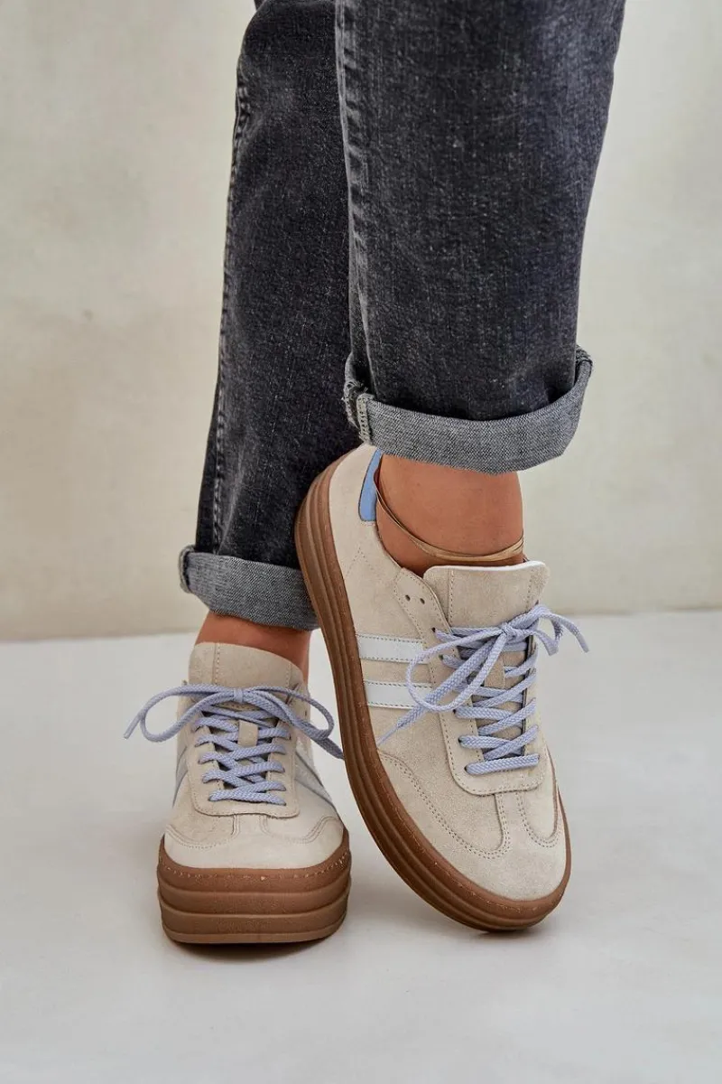 Clearance N1068S4 Damskie Zamszowe Sneakersy Na Platformie Beżowe Damskie Buty Sportowe Na Platformie