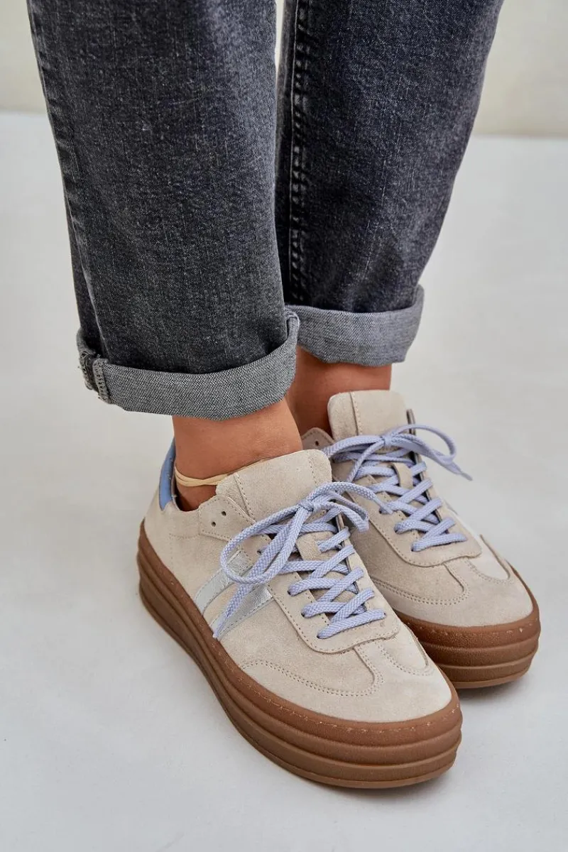 Clearance N1068S4 Damskie Zamszowe Sneakersy Na Platformie Beżowe Damskie Buty Sportowe Na Platformie