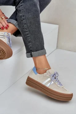 Clearance N1068S4 Damskie Zamszowe Sneakersy Na Platformie Beżowe Damskie Buty Sportowe Na Platformie