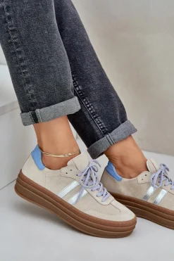 Clearance N1068S4 Damskie Zamszowe Sneakersy Na Platformie Beżowe Damskie Buty Sportowe Na Platformie