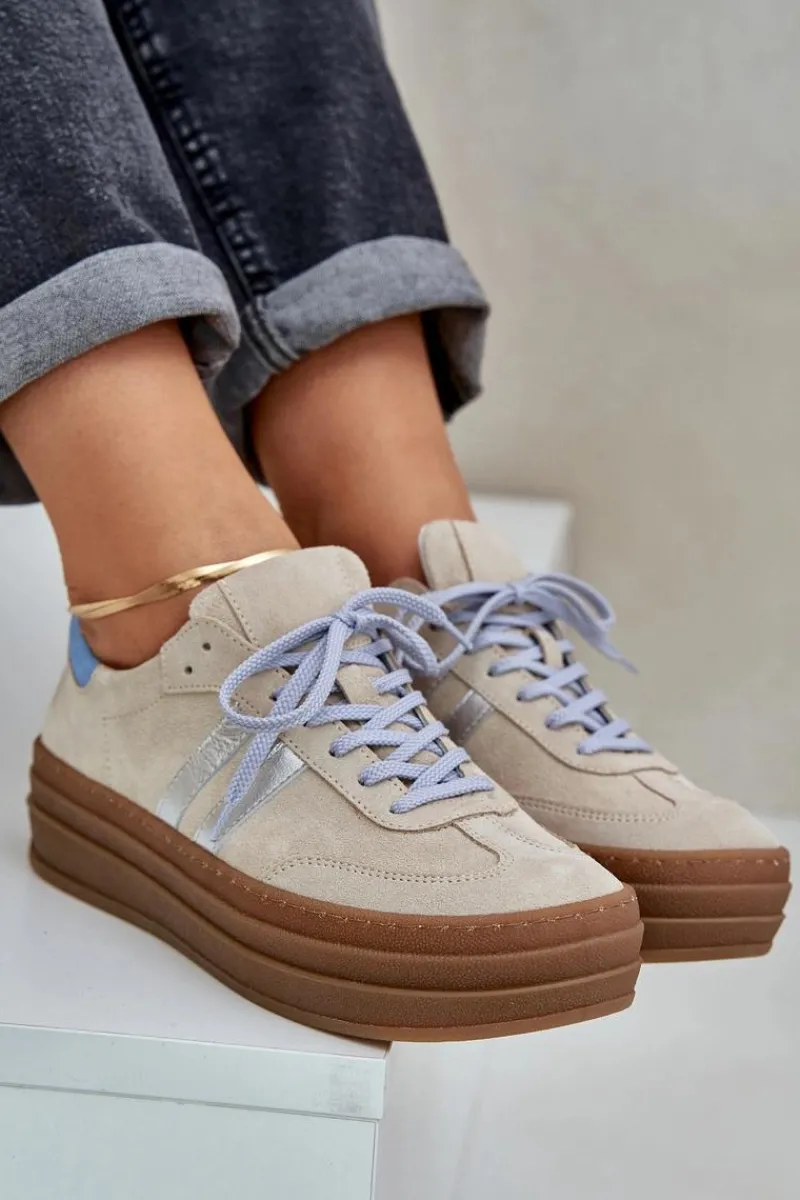 Clearance N1068S4 Damskie Zamszowe Sneakersy Na Platformie Beżowe Damskie Buty Sportowe Na Platformie