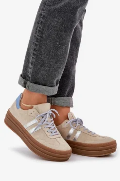 Clearance N1068S4 Damskie Zamszowe Sneakersy Na Platformie Beżowe Damskie Buty Sportowe Na Platformie