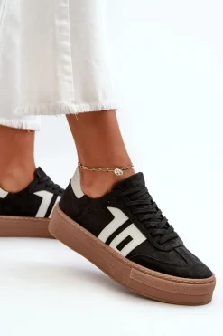 New Zazoo N1095S2 Sneakersy Skórzane Damskie Na Platformie Czarne