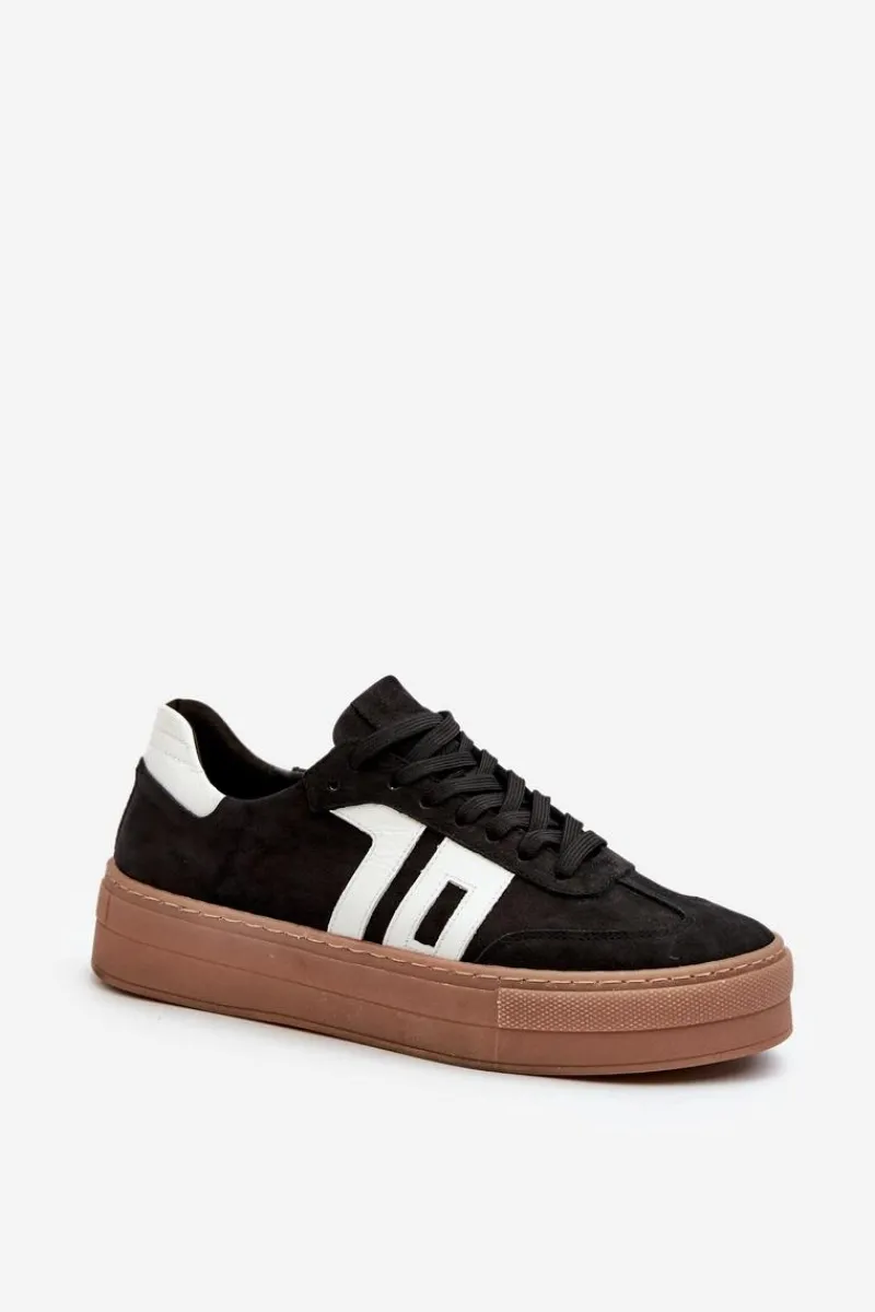 New Zazoo N1095S2 Sneakersy Skórzane Damskie Na Platformie Czarne