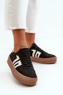 New Zazoo N1095S2 Sneakersy Skórzane Damskie Na Platformie Czarne