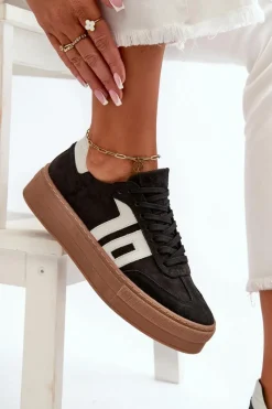 New Zazoo N1095S2 Sneakersy Skórzane Damskie Na Platformie Czarne