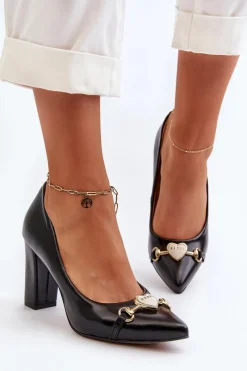 Clearance Zazoo 2453/OS Skórzane Czółenka Na Słupku Z Sercem Czarne Czarny