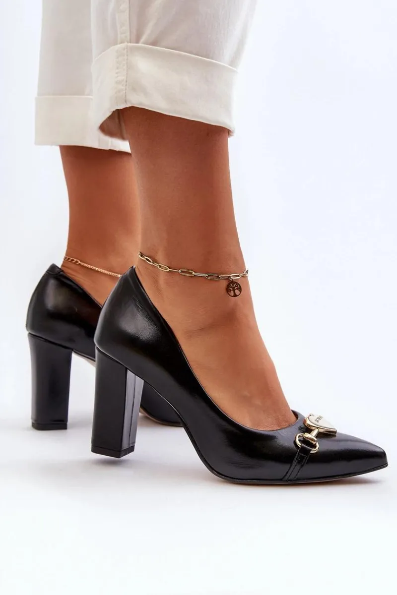 Clearance Zazoo 2453/OS Skórzane Czółenka Na Słupku Z Sercem Czarne Czarny