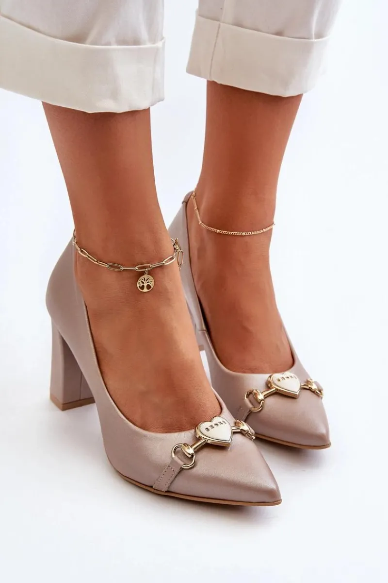 Discount 2453/OS Skórzane Czółenka Na Słupku Z Sercem Perłowe Damskie Czółenka Na Słupku|Czółenka Klasyczne