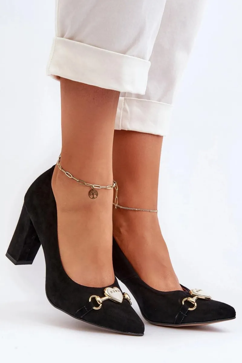 Czółenka Na Słupku|Czółenka Klasyczne>Zazoo 2453/OS Zamszowe Czółenka Na Słupku Z Sercem Czarne Czarny