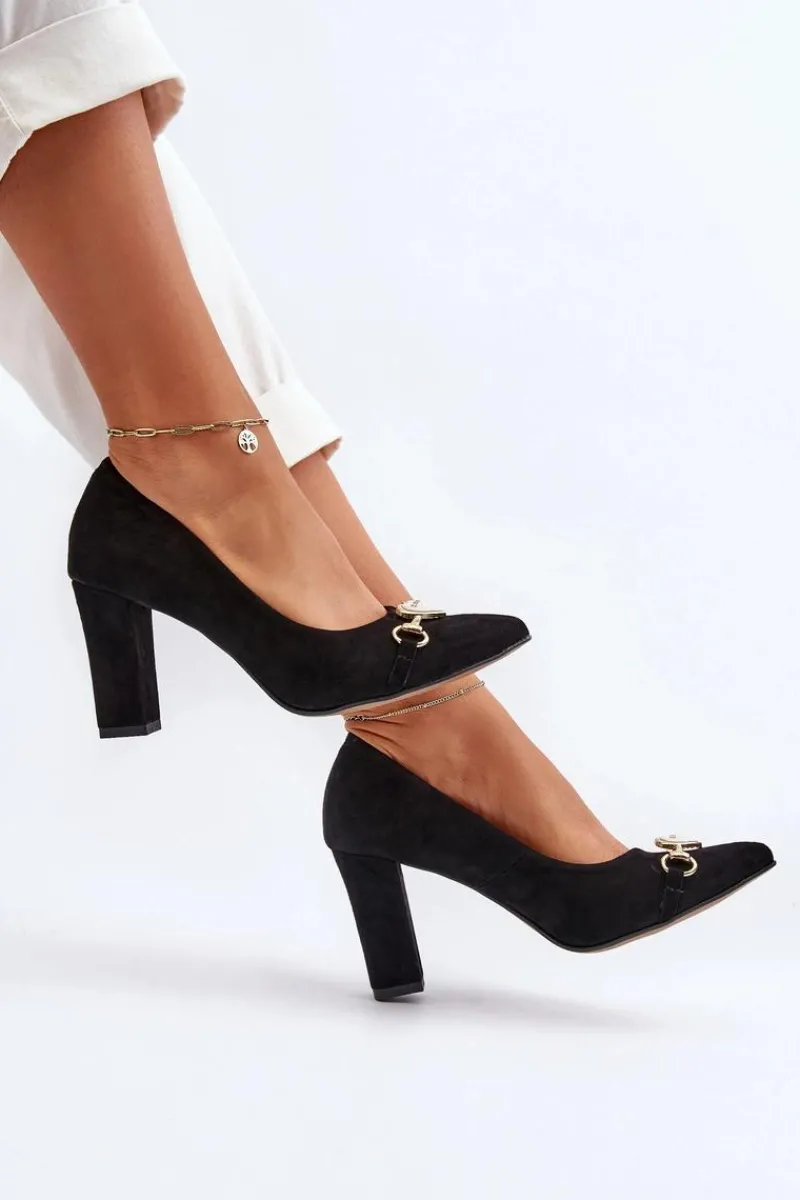 Czółenka Na Słupku|Czółenka Klasyczne>Zazoo 2453/OS Zamszowe Czółenka Na Słupku Z Sercem Czarne Czarny