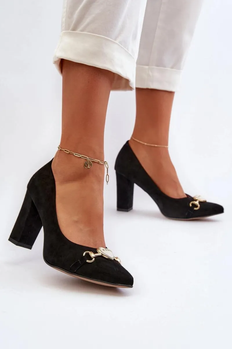 Czółenka Na Słupku|Czółenka Klasyczne>Zazoo 2453/OS Zamszowe Czółenka Na Słupku Z Sercem Czarne Czarny