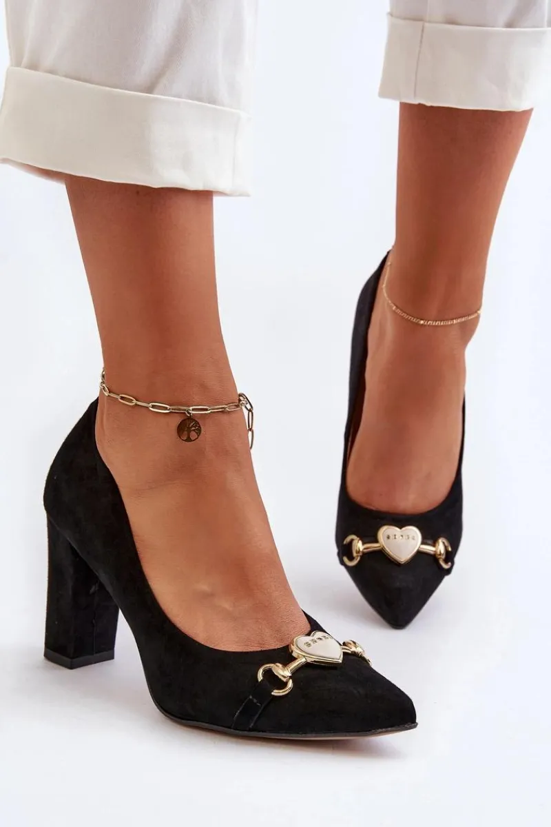 Czółenka Na Słupku|Czółenka Klasyczne>Zazoo 2453/OS Zamszowe Czółenka Na Słupku Z Sercem Czarne Czarny