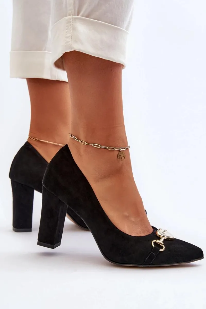 Czółenka Na Słupku|Czółenka Klasyczne>Zazoo 2453/OS Zamszowe Czółenka Na Słupku Z Sercem Czarne Czarny