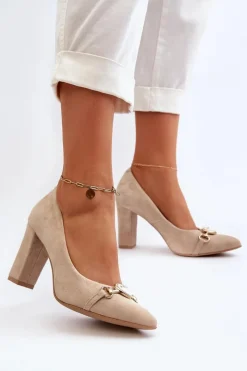 Sale 2453/OS Zamszowe Czółenka Na Słupku Z Sercem Cappuccino Damskie Czółenka Na Słupku|Czółenka Klasyczne