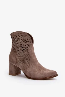 3166/P Damskie Ażurowe Botki Na Obcasie Zamszowe Beżowe Damskie Botki Wiosenne|Botki Na Słupku