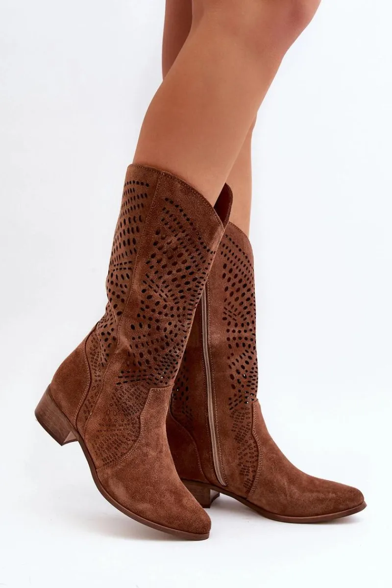 Best 3305/P Zamszowe Kozaki Do Połowy Łydki Ażurowe Brązowe Damskie Kozaki Wiosenne|Kozaki Ażurowe