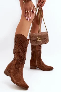 Best 3305/P Zamszowe Kozaki Do Połowy Łydki Ażurowe Brązowe Damskie Kozaki Wiosenne|Kozaki Ażurowe