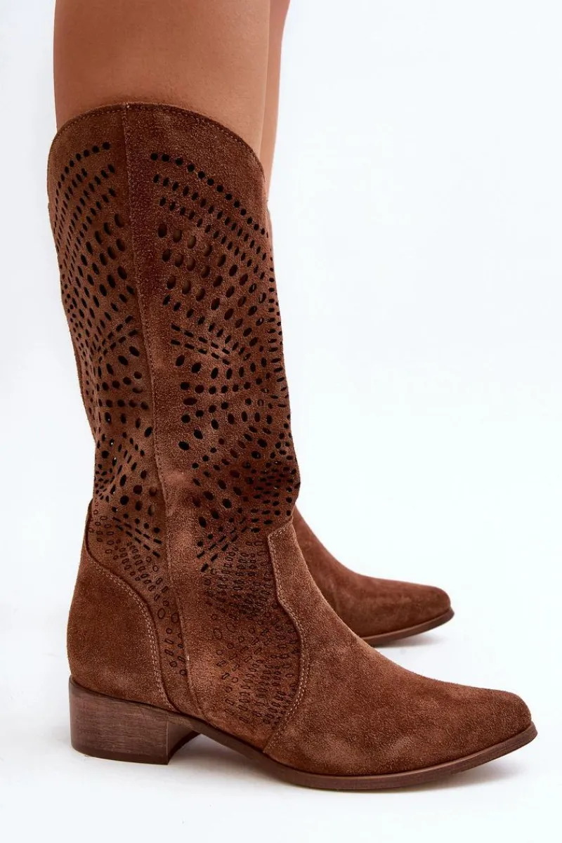 Best 3305/P Zamszowe Kozaki Do Połowy Łydki Ażurowe Brązowe Damskie Kozaki Wiosenne|Kozaki Ażurowe