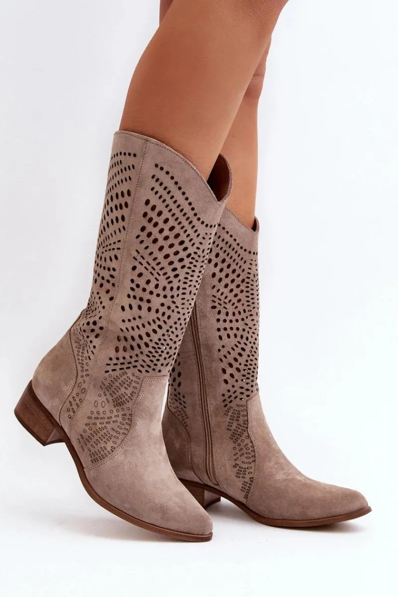 Sale Zazoo 3305/P Zamszowe Kozaki Do Połowy Łydki Ażurowe Cappucino