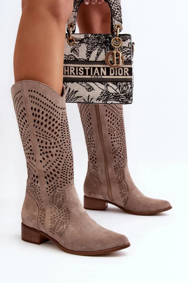 Sale Zazoo 3305/P Zamszowe Kozaki Do Połowy Łydki Ażurowe Cappucino