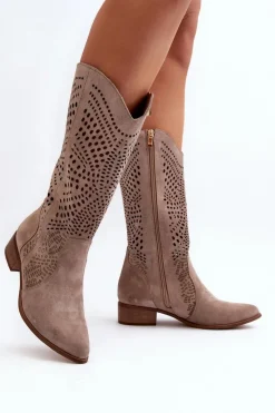 Sale Zazoo 3305/P Zamszowe Kozaki Do Połowy Łydki Ażurowe Cappucino