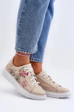 Buty Sportowe Na Platformie></noscript>Zazoo 024/TAMARA Damskie Sneakersy Skórzane Beżowe