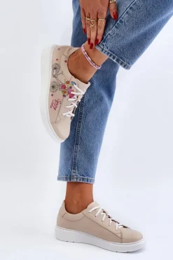 Buty Sportowe Na Platformie></noscript>Zazoo 024/TAMARA Damskie Sneakersy Skórzane Beżowe