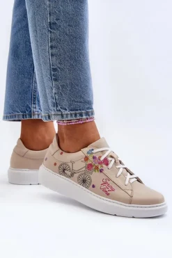 Buty Sportowe Na Platformie></noscript>Zazoo 024/TAMARA Damskie Sneakersy Skórzane Beżowe