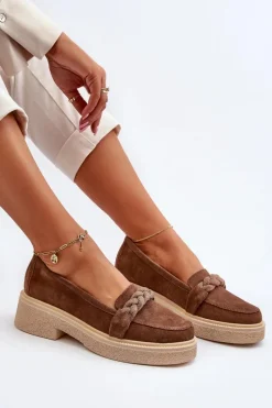 Sale 3429/W Damskie Zamszowe Mokasyny Z Ozdobą Brązowe Damskie Loafersy Damskie|Mokasyny Płaskie