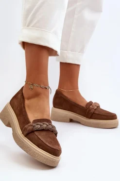 Sale 3429/W Damskie Zamszowe Mokasyny Z Ozdobą Brązowe Damskie Loafersy Damskie|Mokasyny Płaskie