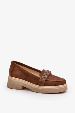 Sale 3429/W Damskie Zamszowe Mokasyny Z Ozdobą Brązowe Damskie Loafersy Damskie|Mokasyny Płaskie