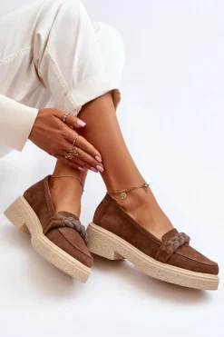 Sale 3429/W Damskie Zamszowe Mokasyny Z Ozdobą Brązowe Damskie Loafersy Damskie|Mokasyny Płaskie