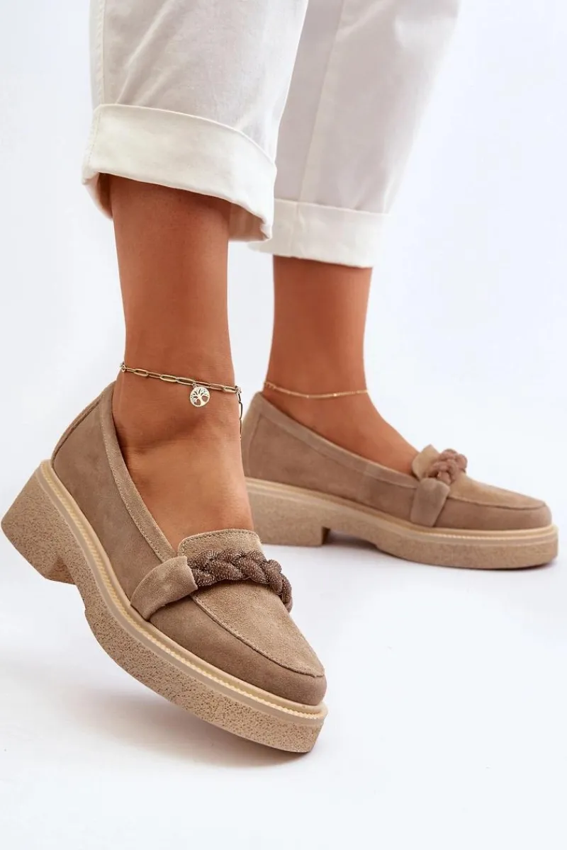 3429/W Damskie Zamszowe Mokasyny Z Ozdobą Beżowe Damskie Loafersy Damskie|Mokasyny Płaskie